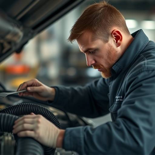 A mechanic is shown examining a car's cooling system hoses.