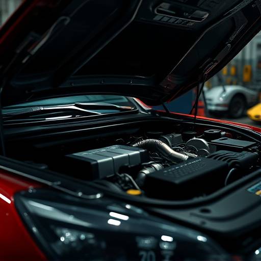 Engine bay of a car with a mechanic working on it