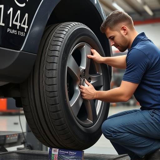 Technician carefully installing a new tire on a car wheel.